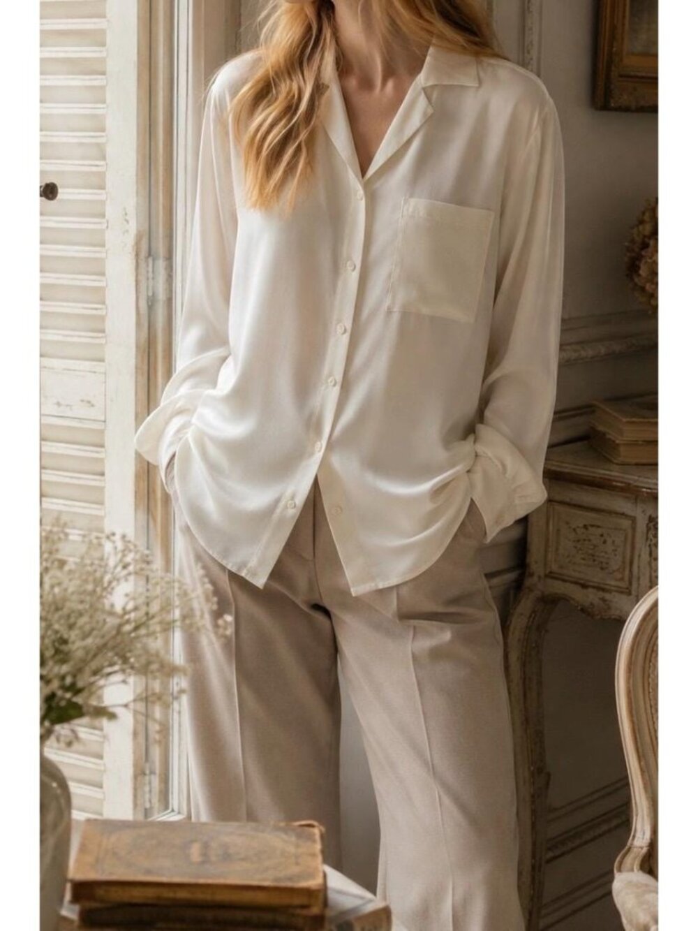 Vintage 100% Silk Blouse Ivory White Long Sleeve Button Down Minimalist Shirt